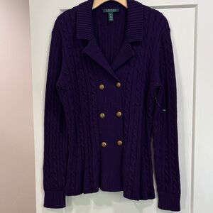Ralph Lauren Dark Purple 100% Cotton Double Breasted Cardigan—New!! BEAUTIFUL! L